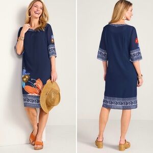Soft Surroundings blue hibiscus lined midi dress S